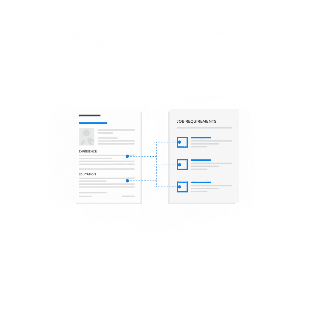 A resume matched to a job description, key requirements highlighted and linked to matching resume bullets