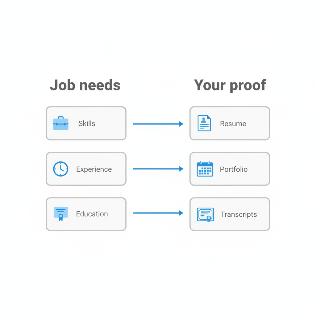 A match map linking each job requirement on the left to supporting evidence from your background on the right.